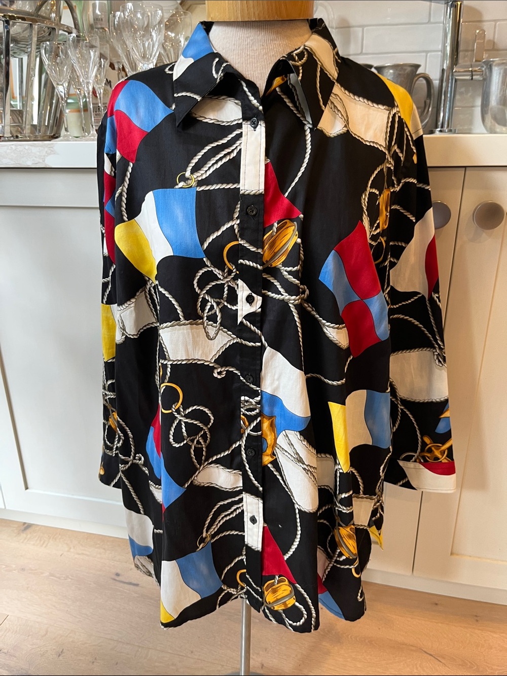 Lauren Ralph Lauren Black Button Front Top with Nautical Rope & Flag Print